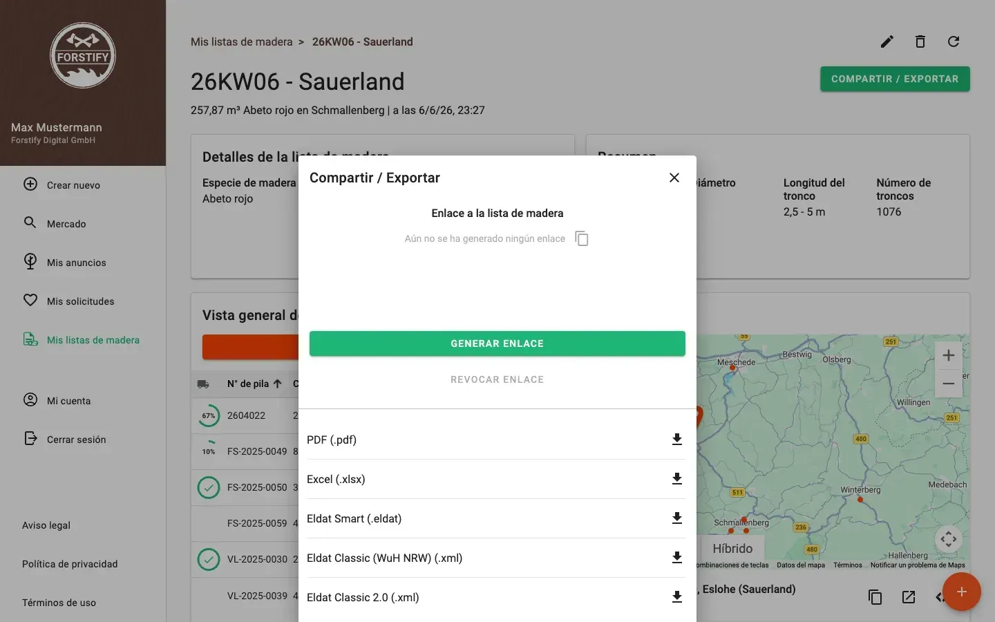 Share and export a wood list – PDF, Excel, ELDAT