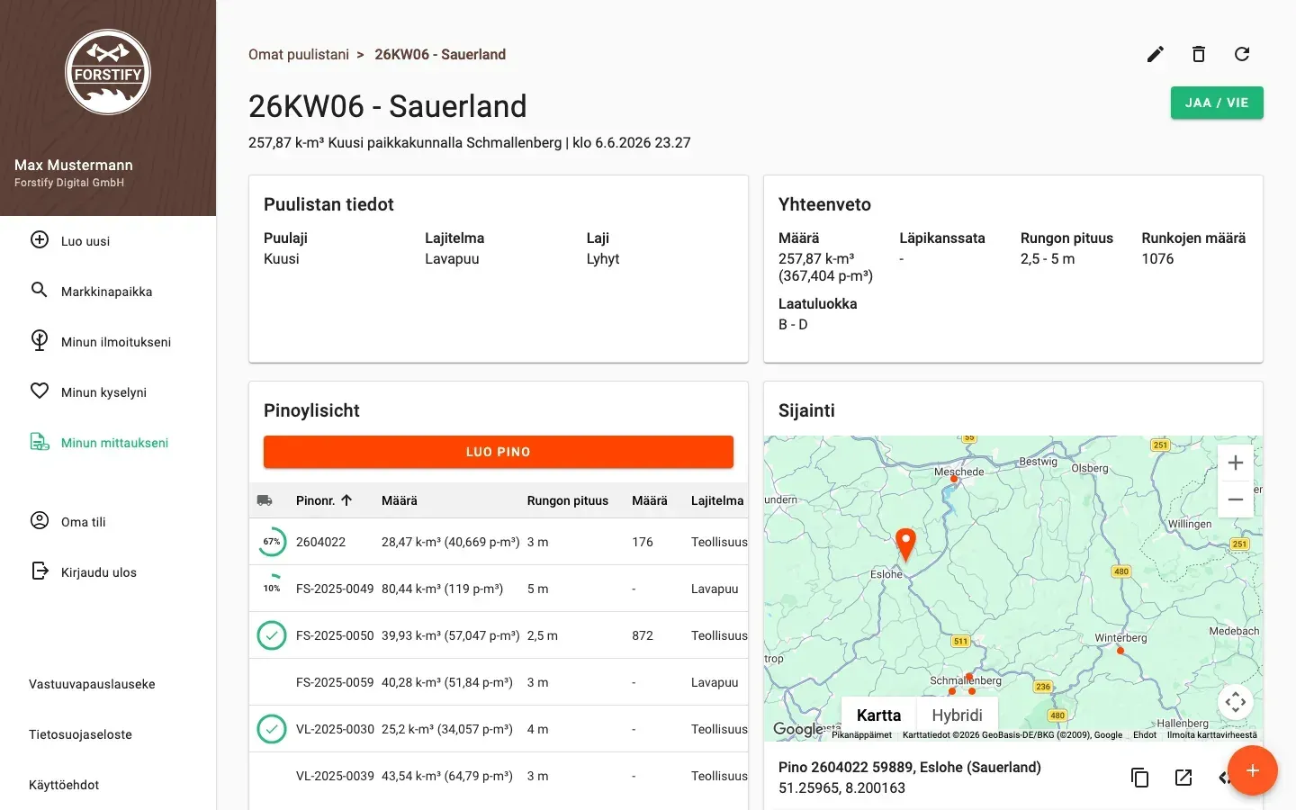 Share and export a wood list – PDF, Excel, ELDAT