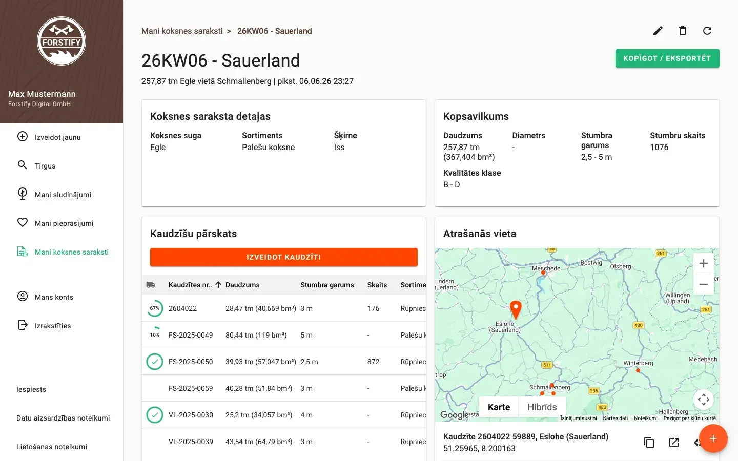 Share and export a wood list – PDF, Excel, ELDAT