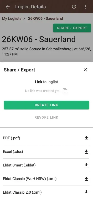 Share and export a wood list – PDF, Excel, ELDAT