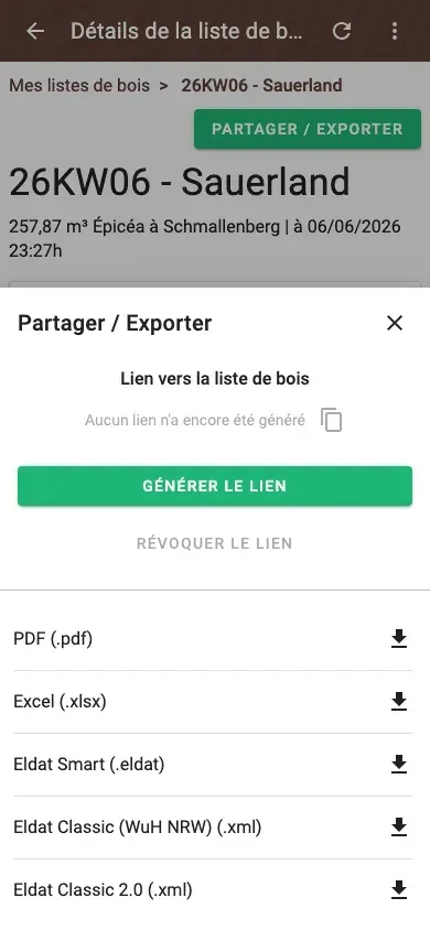 Share and export a wood list – PDF, Excel, ELDAT