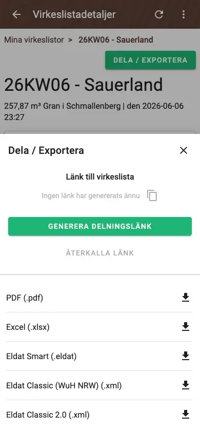 Share and export a wood list – PDF, Excel, ELDAT