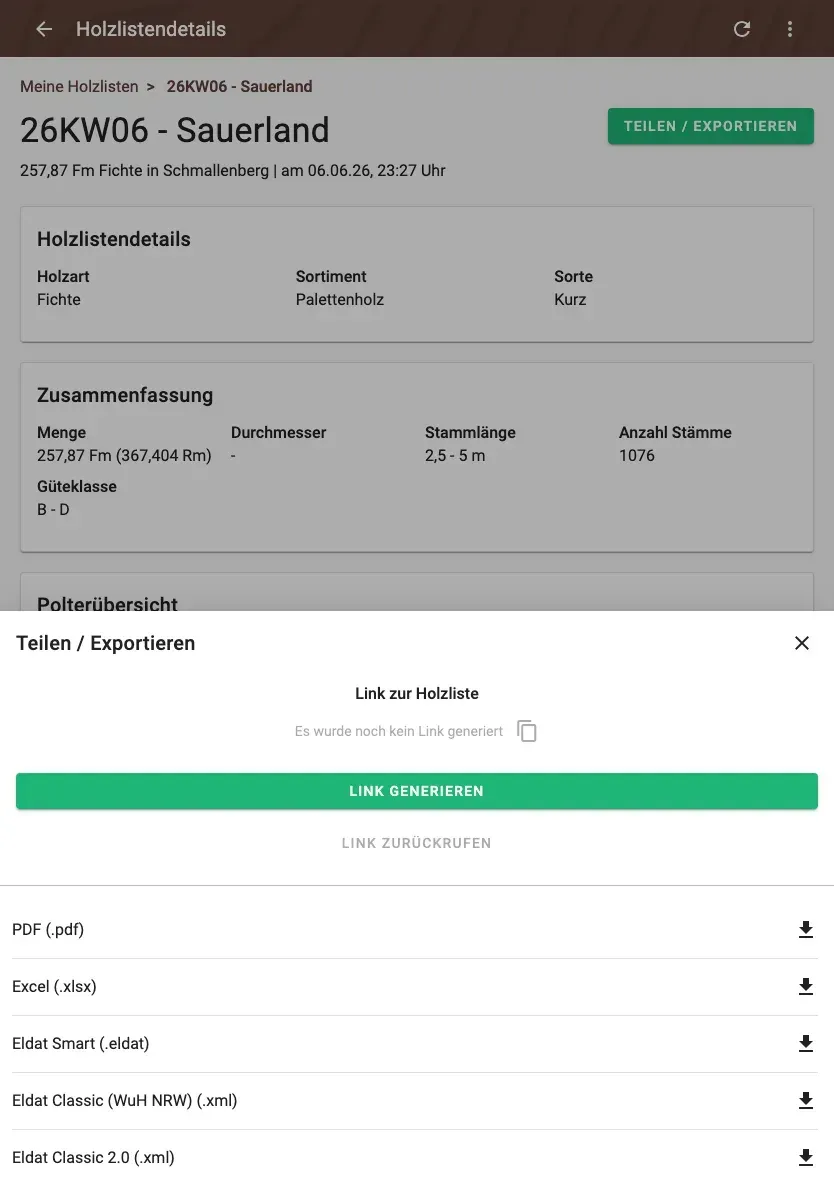 Holzliste teilen und exportieren – PDF, Excel, ELDAT