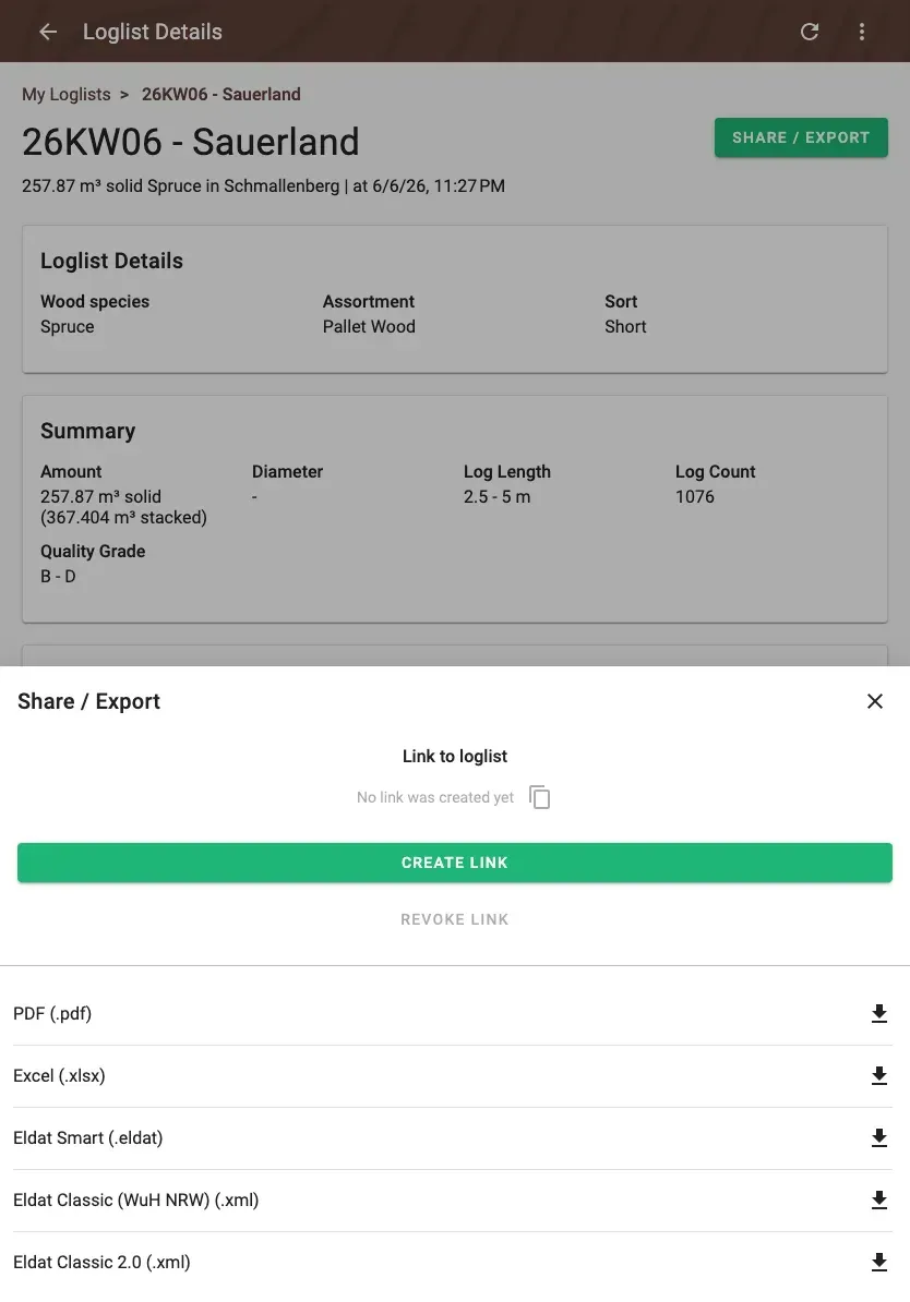 Share and export a wood list – PDF, Excel, ELDAT