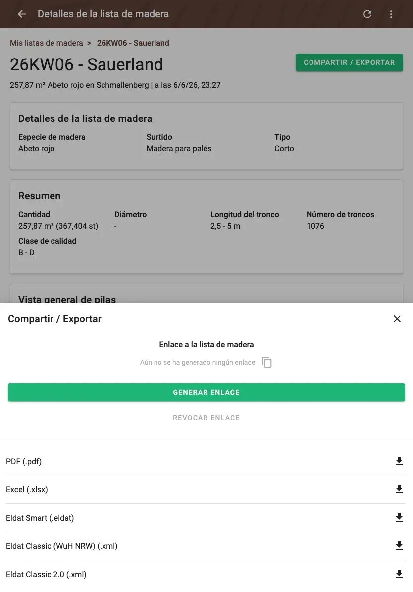 Share and export a wood list – PDF, Excel, ELDAT