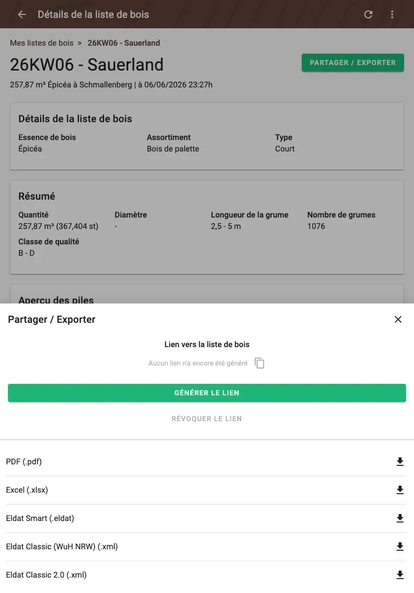 Share and export a wood list – PDF, Excel, ELDAT