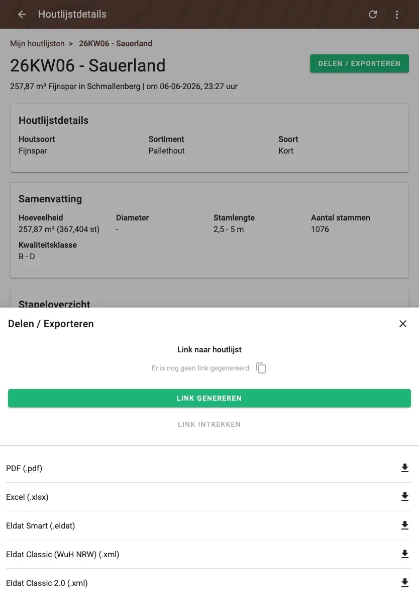 Share and export a wood list – PDF, Excel, ELDAT