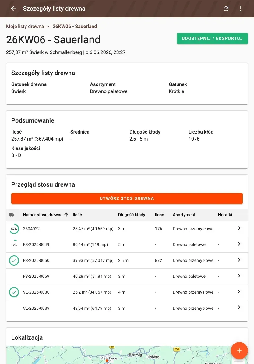 Share and export a wood list – PDF, Excel, ELDAT