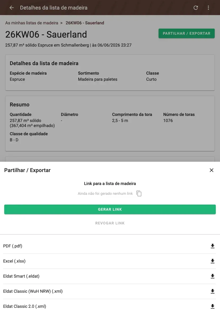 Share and export a wood list – PDF, Excel, ELDAT