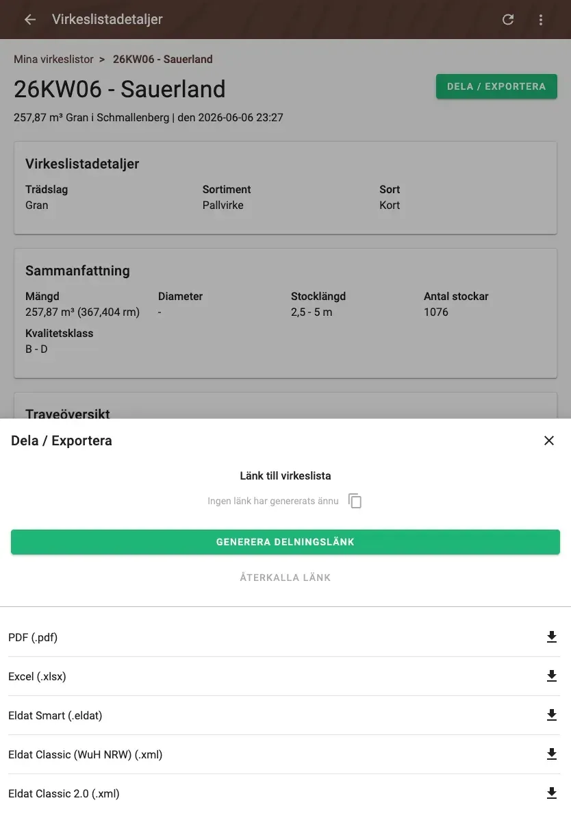 Share and export a wood list – PDF, Excel, ELDAT