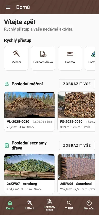 Osobní obrazovka Domů v aplikaci Forstify s rychlými akcemi a nedávnou aktivitou