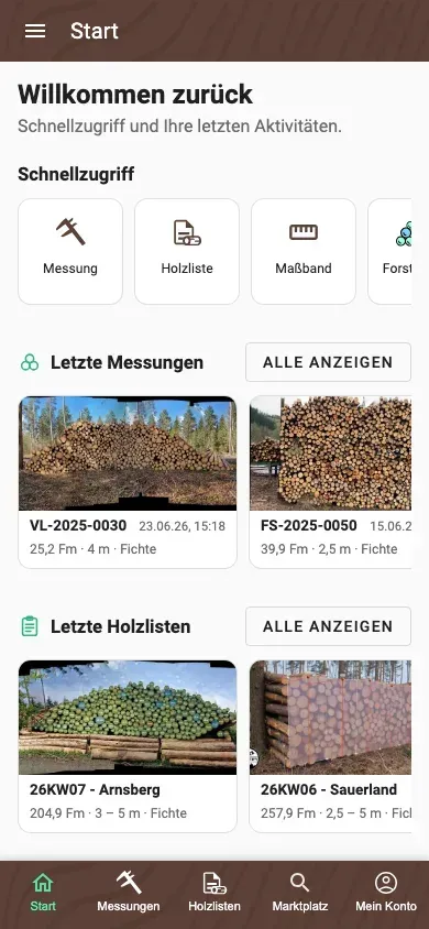Persönliche Startseite der Forstify-App mit Schnellzugriff und letzten Aktivitäten