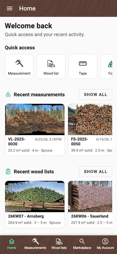 Personal Home screen of the Forstify app with quick actions and recent activity