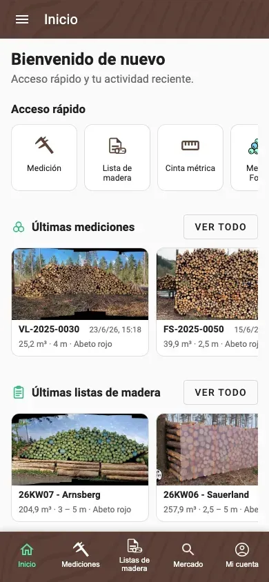 Pantalla de Inicio personal de la app Forstify con acciones rápidas y actividad reciente