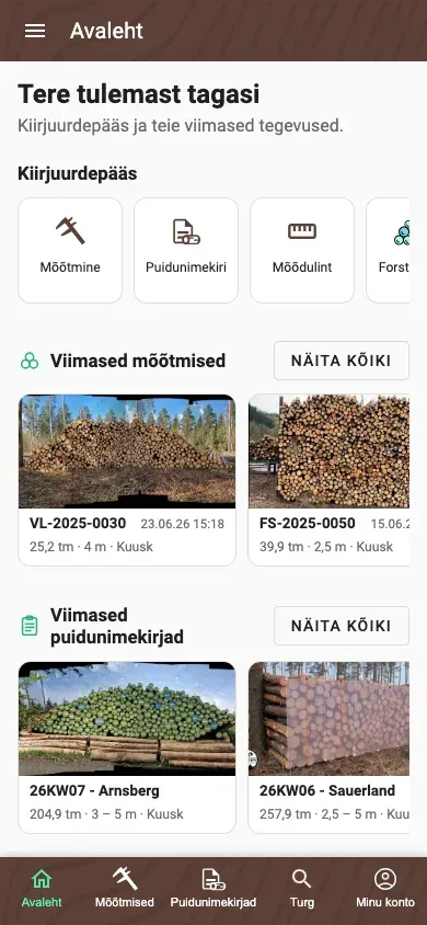 Forstify rakenduse isiklik Avaleht kiirtoimingute ja hiljutise tegevusega