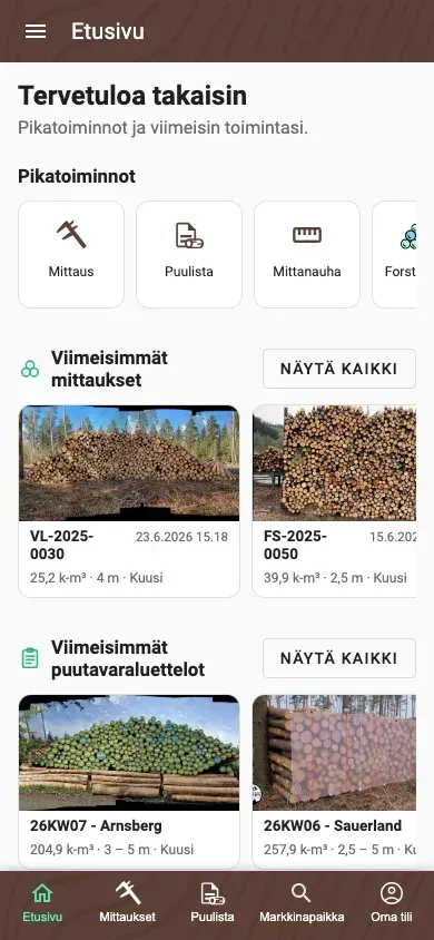 Henkilökohtainen Etusivu Forstify-sovelluksessa pikatoiminnoilla ja viimeisimmillä tapahtumilla