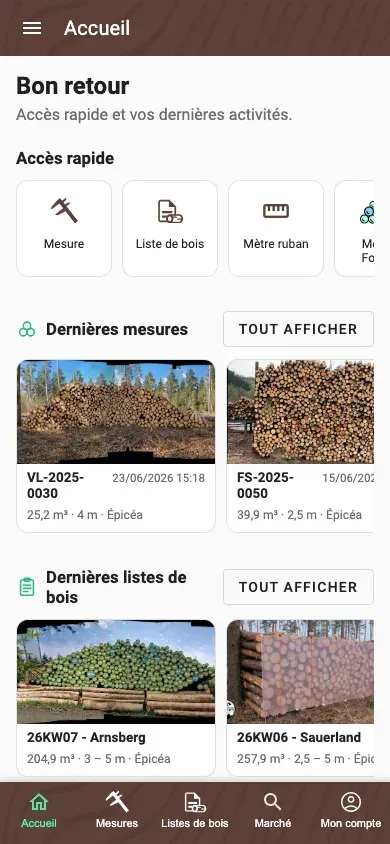 Page Accueil personnalisée de l'application Forstify avec actions rapides et activité récente
