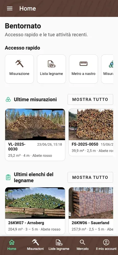 Schermata Home personale dell'app Forstify con azioni rapide e attività recenti