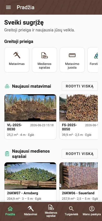 Asmeninis Forstify programėlės Pradžios ekranas su sparčiaisiais veiksmais ir naujausia veikla