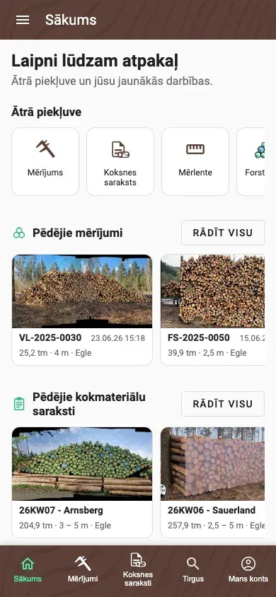Personīgais Forstify lietotnes Sākums ekrāns ar ātrajām darbībām un jaunāko aktivitāti