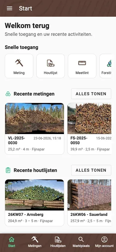 Persoonlijke Start-pagina van de Forstify-app met snelacties en recente activiteit