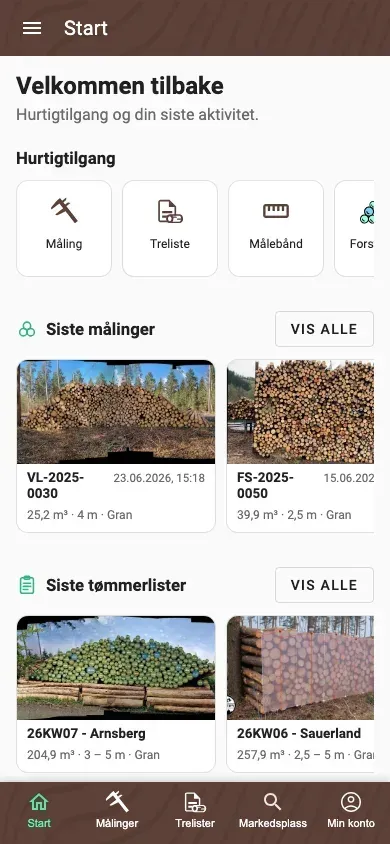 Personlig Start-side i Forstify-appen med hurtighandlinger og nylig aktivitet
