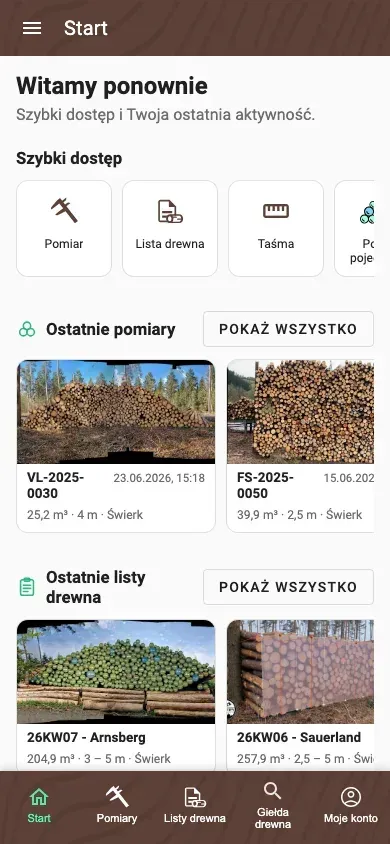 Osobista strona Start w aplikacji Forstify z szybkimi akcjami i ostatnią aktywnością