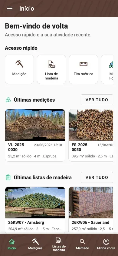 Ecrã Início personalizado da aplicação Forstify com ações rápidas e atividade recente
