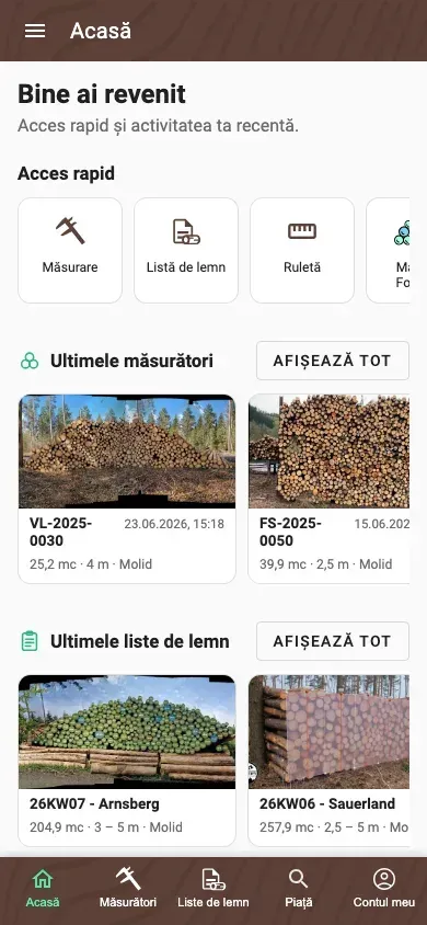 Ecranul Acasă personal al aplicației Forstify cu acțiuni rapide și activitate recentă