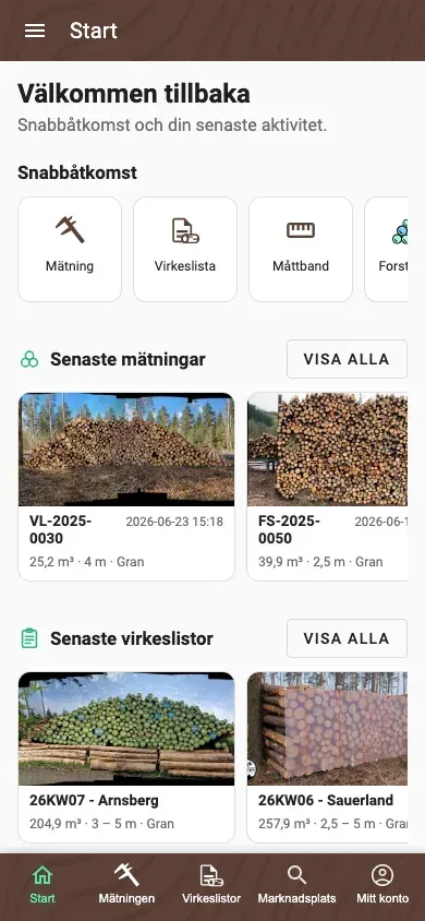 Personlig Start-sida i Forstify-appen med snabbåtgärder och senaste aktivitet