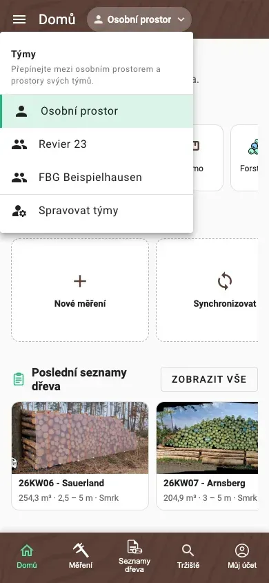 Přepínač prostorů s osobním prostorem a dvěma týmovými prostory