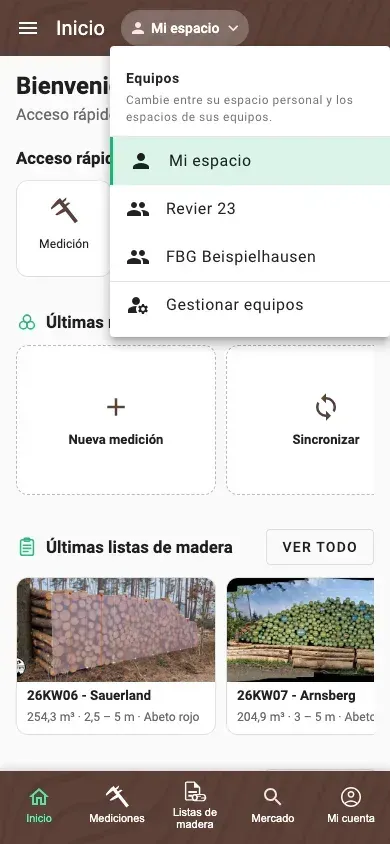Selector de espacios con el espacio personal y dos espacios de equipo