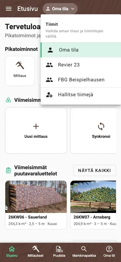 Tilanvaihtaja, jossa oma tila ja kaksi tiimitilaa