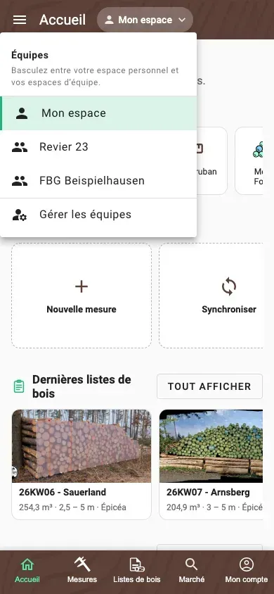 Sélecteur d’espace avec l’espace personnel et deux espaces d’équipe