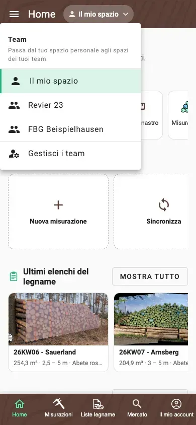 Selettore di spazio con spazio personale e due spazi team