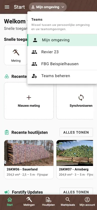 Omgevingswisselaar met persoonlijke omgeving en twee teamomgevingen