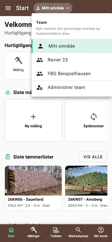 Områdeveksler med personlig område og to teamområder