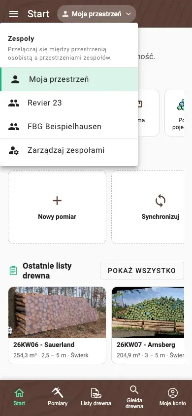 Przełącznik przestrzeni z przestrzenią osobistą i dwiema przestrzeniami zespołów