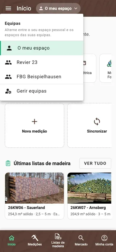 Seletor de espaços com o espaço pessoal e dois espaços de equipa