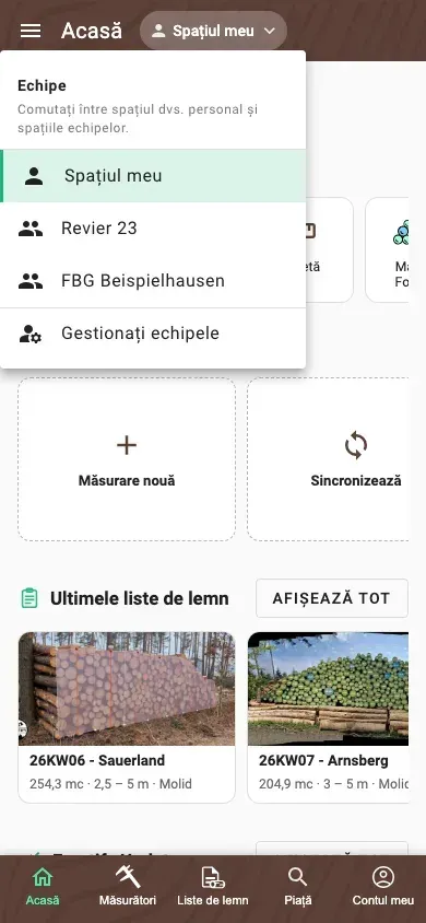 Comutator de spații cu spațiul personal și două spații de echipă