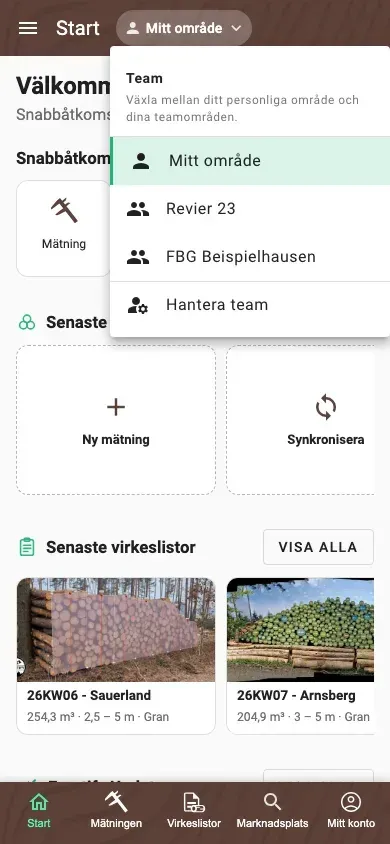 Områdesväljare med personligt område och två teamområden