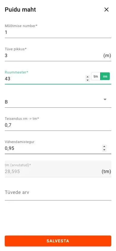 Uus mahumõõtmine rm³ sisestusega