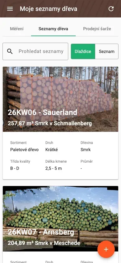 Přehled seznamů dřeva s vyhledáváním