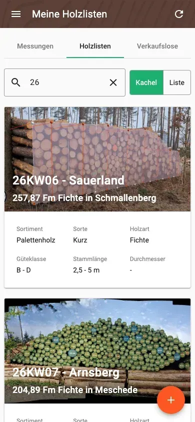 Holzlisten-Übersicht mit Suche