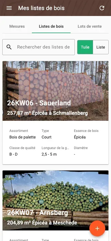 Aperçu des listes de bois avec recherche