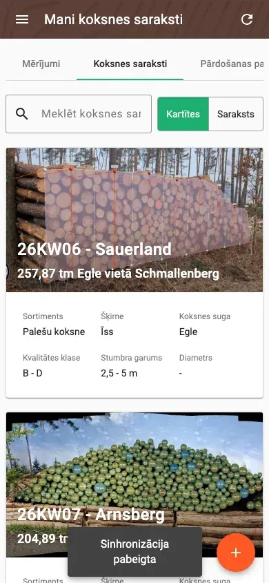 Kokmateriālu sarakstu pārskats ar meklēšanu