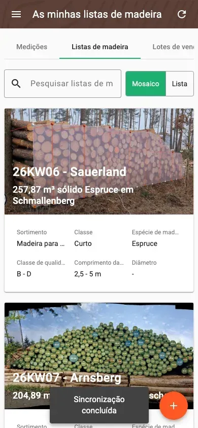 Vista geral das listas de madeira com pesquisa