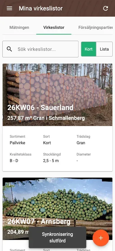 Virkeslisteöversikt med sökning